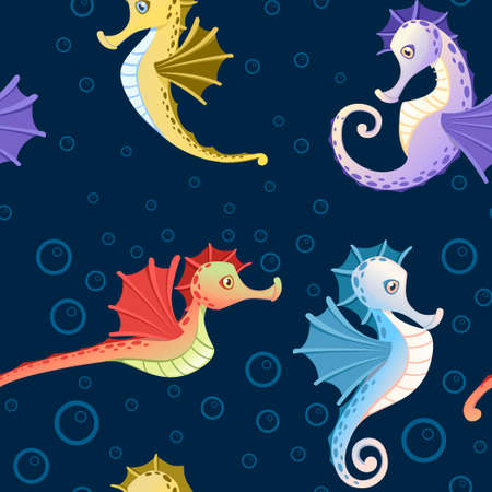 Seamless pattern of sea horses with different skin colors and bubbles cartoon sea animal design flat vector illustration on blue backgroundのイラスト素材