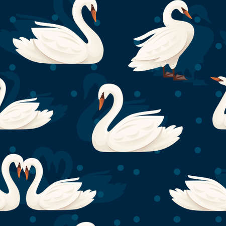 Seamless pattern of white swam bird flat vector illustration on blue backgroundのイラスト素材