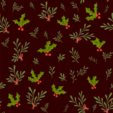 Seamless pattern of mistletoe with berries and green leaves christmas love brain flat vector illustration on brown backgroundのイラスト素材