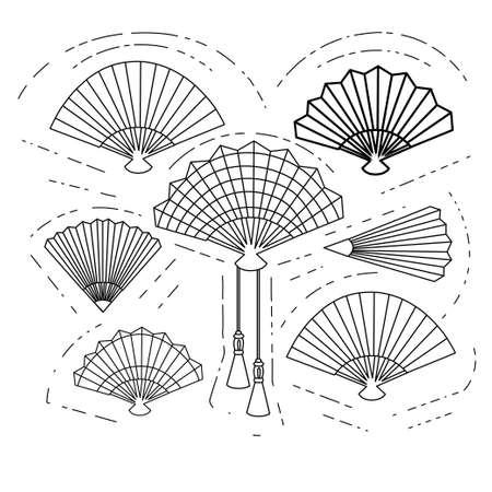 Set of hand fan asian style vintage souvenir outline style icon collection flat vector illustration on white background.のイラスト素材