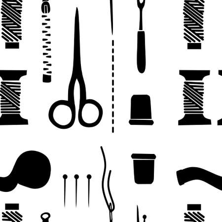 Seamless pattern of black silhouette reel with thread, bobbins, scissors and needle flat vector illustration on white background.のイラスト素材
