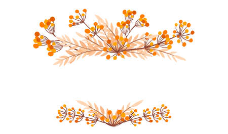 Frame top and bottom hand drawn orange tree branches with leaves and berries botanical flowers floral hand drawn scandinavian style art design element flat vector illustration.のイラスト素材