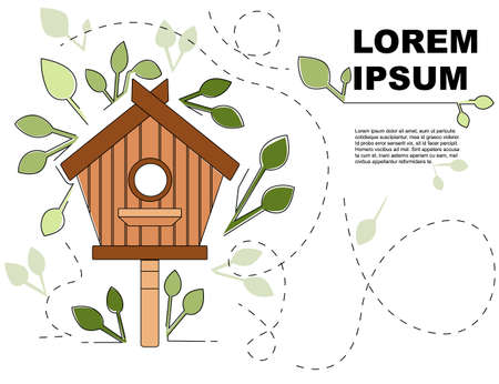 Nesting box on wooden pole wooden birdhouse flat vector illustration on white background with green leaves advertising flyer banner design.のイラスト素材