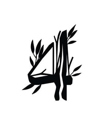 Black silhouette number 4 style tree branches with leaves botanical flowers floral art design element flat vector illustration.のイラスト素材