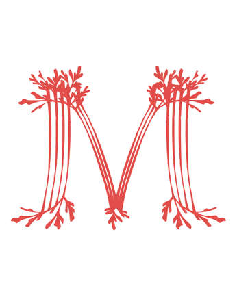 Letter M pink colored seaweeds underwater ocean plant sea coral elements flat vector illustration on white background.のイラスト素材