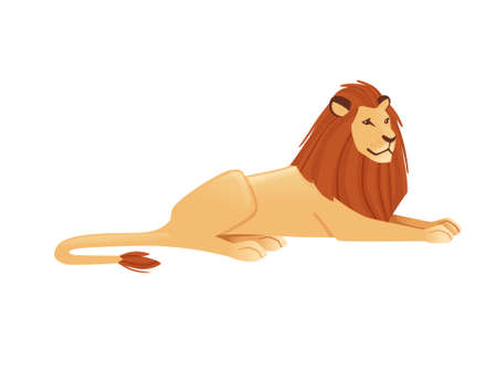 Proud powerful cute lion lies on the ground character cartoon style animal design flat vector illustration isolated on white background.のイラスト素材