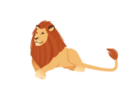 Proud powerful cute lion lies on the ground character cartoon style animal design flat vector illustration isolated on white background.のイラスト素材