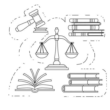 Justice scales and wooden judge gavel law hammer sign with books of laws legal law and auction symbol flat vector illustration on white background outline styleのイラスト素材