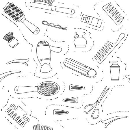 Outline seamless pattern of professional hairdresser and barber equipment tools hairdressing tools scissors hairpin vector illustration on white background.のイラスト素材