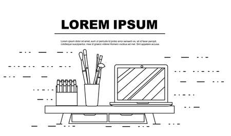 Outline style advertising flyer design concept with working desk flat vector illustration on white background.のイラスト素材
