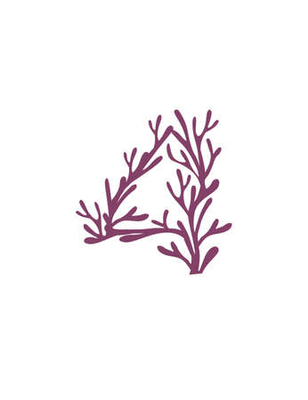 Number 4 purple colored seaweeds underwater ocean plant sea coral elements flat vector illustration on white background.のイラスト素材
