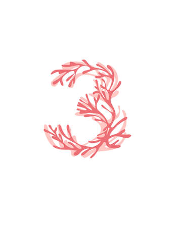 Number 3 pink colored seaweeds underwater ocean plant sea coral elements flat vector illustration on white background.のイラスト素材