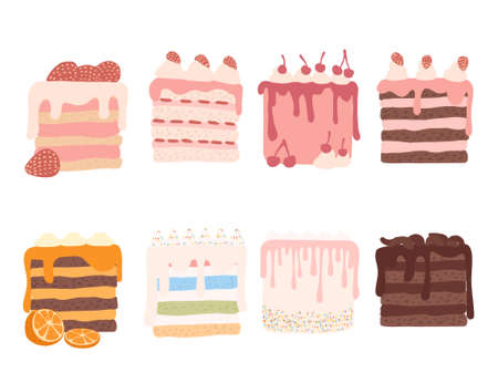 Piece of cake with different ingredients cream-topped multi-layer cake flat vector illustration isolated on white backgroundのイラスト素材