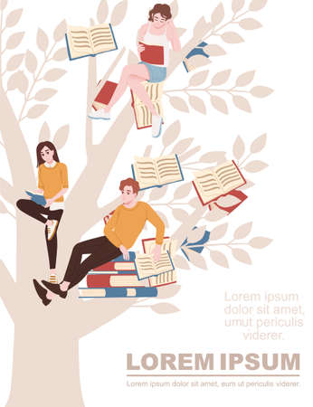 Education concept books growth on the tree silhouette and people studying cartoon character design flat vector illustration on white background.の販売画像
