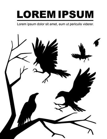 Black silhouette group of black crows a dead tree branch advertising flyer design cartoon animal style flat vector illustration on white background.のイラスト素材