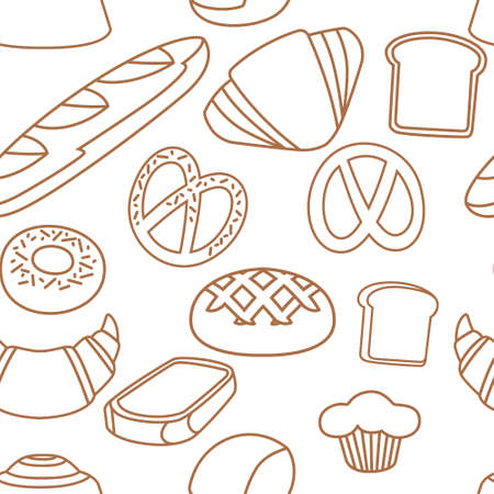 Seamless pattern outline silhouette bakery products set for bakery shop cartoon food bread collection flat vector illustration on white background.のイラスト素材
