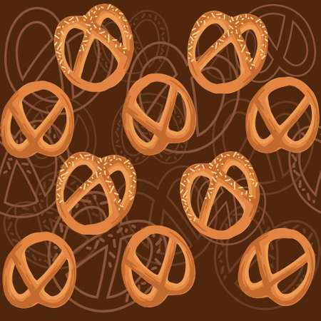 Seamless pattern with bakery pretzel products for bakery shop cartoon food flat vector illustration on brown background.のイラスト素材