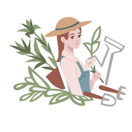 Cute woman gardener with gardening equipment design flat vector illustration on white background.のイラスト素材