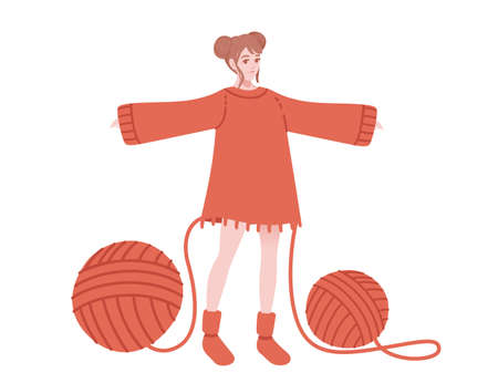 Orange sweater knits on a girl from two orange ball of wool flat abstract illustration isolated on white background.のイラスト素材
