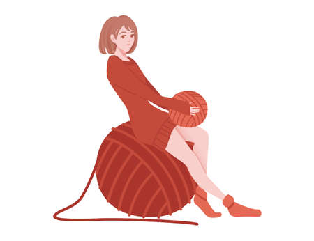 Cute woman sitting on the big red ball of wool with knitting needle flat abstract illustration isolated on white background.のイラスト素材