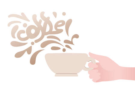 Hand hold hot tea cup with abstract hot steam flat vector illustration on white background.のイラスト素材