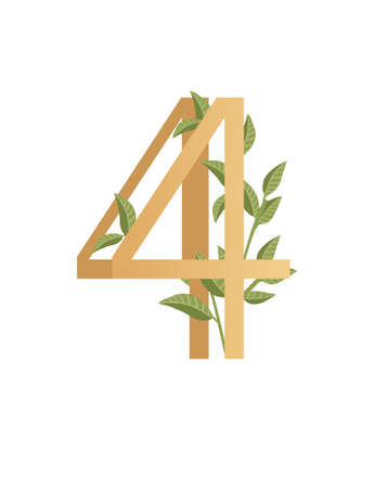 Number 4 with gradient style beige color covered with green leaves eco font flat vector illustration...