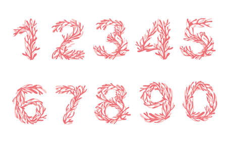 Set of numbers 0 to 9 pink colored seaweeds underwater ocean plant sea coral elements flat vector...