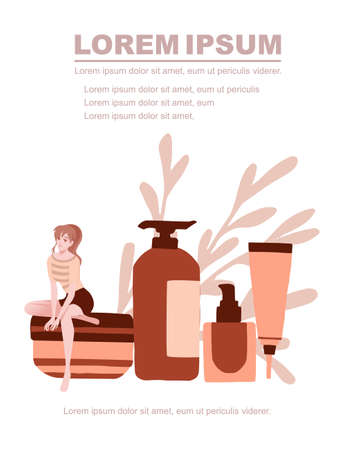 Advertising flyer or greetings card design with natural organic cosmetics in plastic packages girls sit on cosmetics flat vector illustration on white background with green leaves,のイラスト素材
