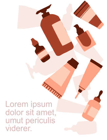 Advertising flyer or greetings card design with icons natural organic cosmetics in plastic packages flat vector illustration on white background.のイラスト素材