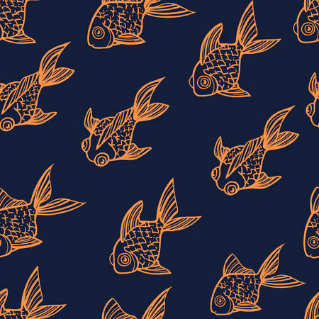 Seamless pattern golden fish orange outline icon golden fish in different angles flat vector illustration on blue background.のイラスト素材