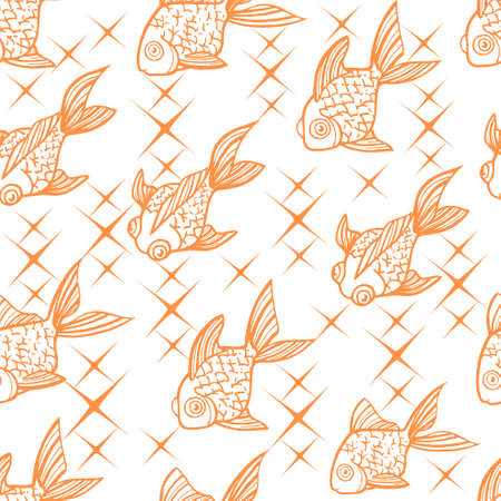Seamless pattern golden fish orange outline icon golden fish in different angles flat vector illustration on white background.のイラスト素材