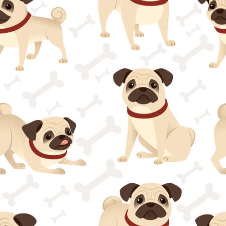 Seamless pattern cute small friendly pug dog cartoon domestic animal design flat vector illustration on white background with bones.のイラスト素材