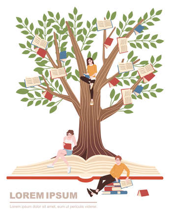 Education concept books growth on the tree and people studying cartoon character design flat vector illustration on white background.のイラスト素材