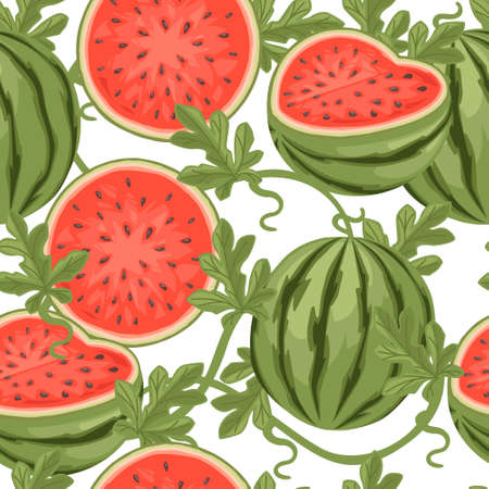 Seamless pattern of watermelon whole and sliced with green leaves flat vector illustration on white background.のイラスト素材