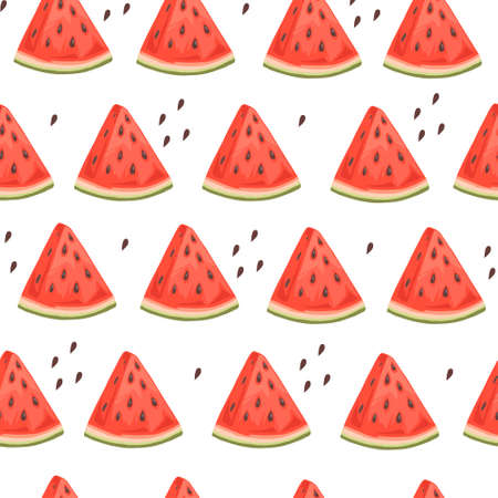 Seamless pattern of chopped slices of watermelon with seeds flat vector illustration on white...