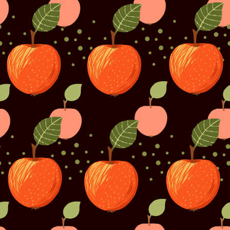 Seamless pattern of apples with green leaves flat vector illustration on black background.