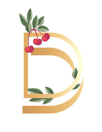 Letter D with gradient style beige color covered with green leaves and red berries eco font flat vector illustration isolated on white background.のイラスト素材