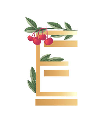 Letter E with gradient style beige color covered with green leaves and red berries eco font flat vector illustration isolated on white background.のイラスト素材