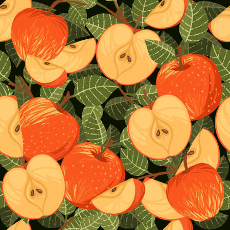 Seamless pattern of apples whole halved and sliced pieces with green leaves flat vector illustration on black background with brown branches.のイラスト素材