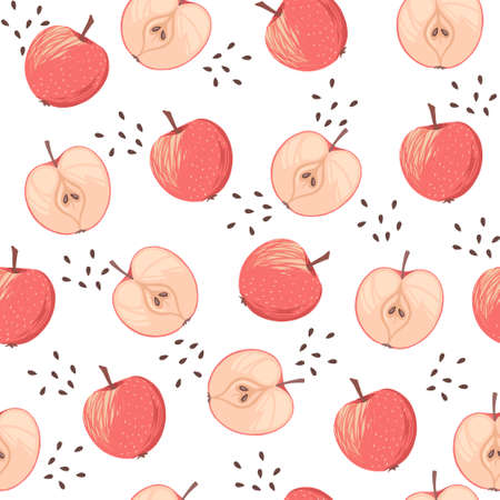 Seamless pattern of pink apples whole and halved with seeds flat vector illustration on white background.のイラスト素材