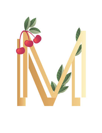 Letter M with gradient style beige color covered with green leaves and red berries eco font flat vector illustration isolated on white background.のイラスト素材