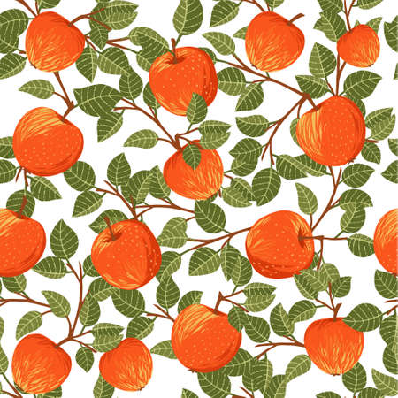 Seamless pattern of apples with green leaves flat vector illustration on white background with brown branches.のイラスト素材