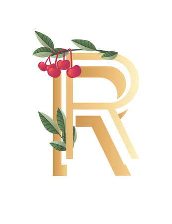 Letter R with gradient style beige color covered with green leaves and red berries eco font flat vector illustration isolated on white background.のイラスト素材