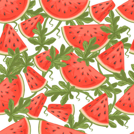 Seamless pattern of chopped slices of watermelon with green leaves flat vector illustration on white background.のイラスト素材