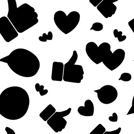 Black silhouette seamless pattern with hearts likes thumbs up social media platform flat vector illustration on white background.のイラスト素材