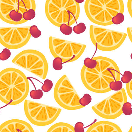 Seamless pattern of orange citrus fruit halved and sliced with red cherries berry flat vector illustration on white backgroundのイラスト素材