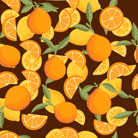 Seamless pattern of orange citrus yellow fruit whole halved and sliced with green leaves flat vector illustration on brown backgroundのイラスト素材