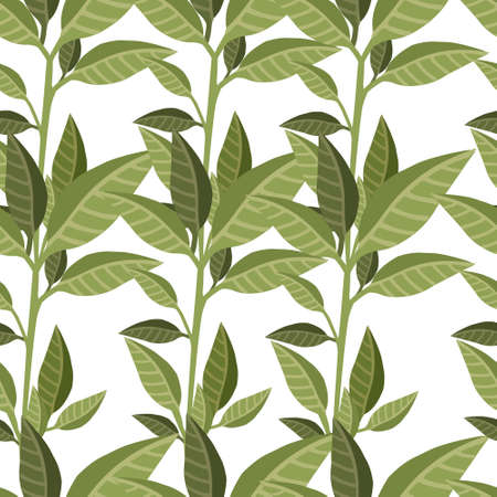Seamless pattern of green leaves flat vector illustration on white backgroundのイラスト素材