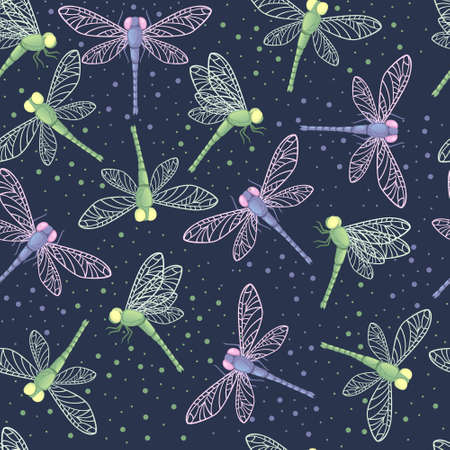 Seamless pattern with colored dragonflies animal insect world flat vector illustration on blue backgroundのイラスト素材