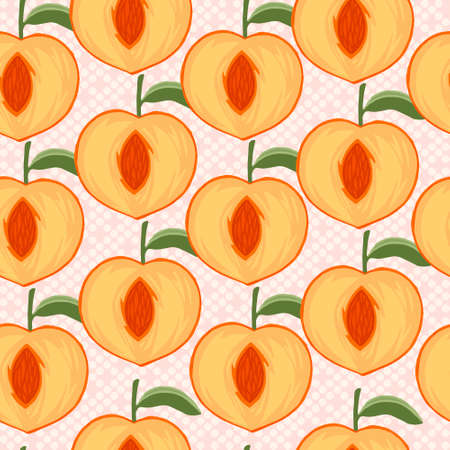 Seamless pattern of sliced peach with green leaves flat vector illustration on pink dotted backgroundのイラスト素材